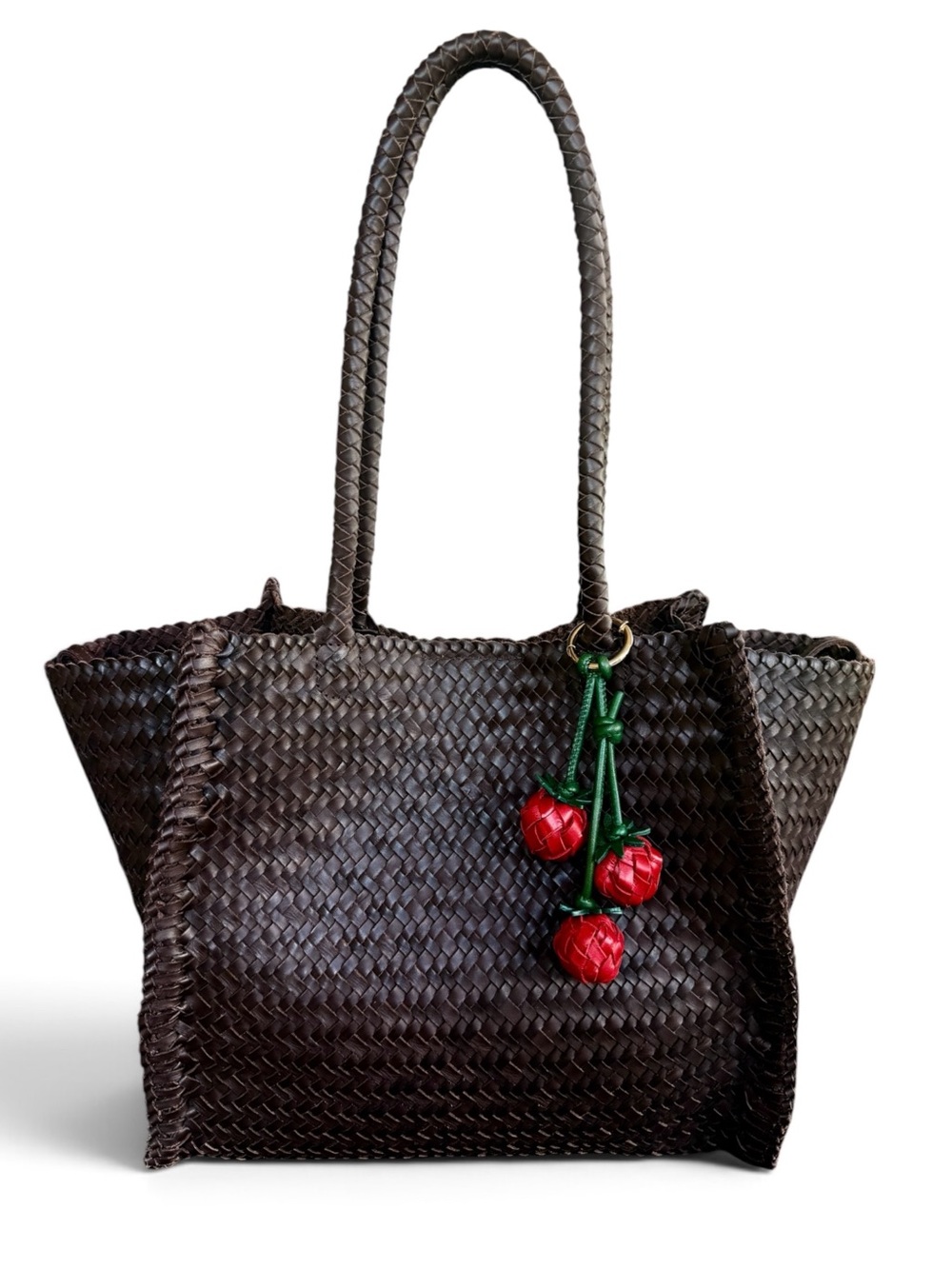 Madewell Lexington Woven Leather Tote in Coffee Bean + Woven Tomato Bag Charm